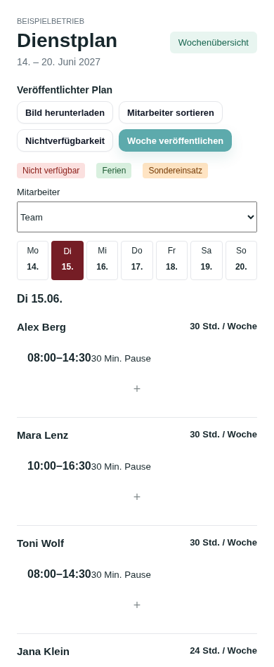 Mobiler AVZS-Dienstplan mit Tagesauswahl und Diensten. Fiktive Beispieldaten.